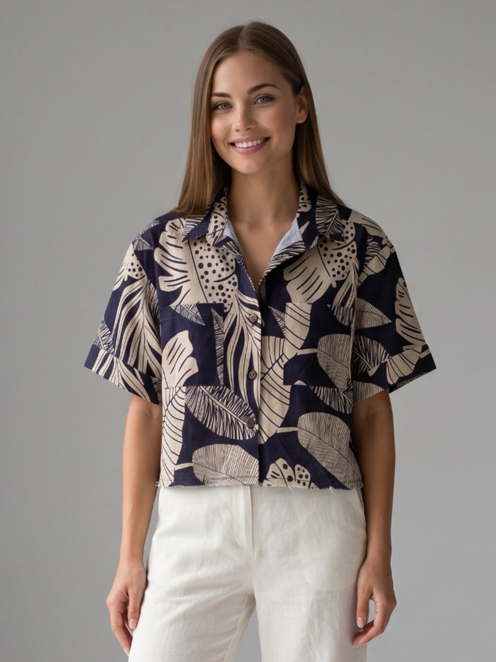 NEW w/tag Shore Brand Tropical Nautical Linen Resort Button Up Blouse Top Small